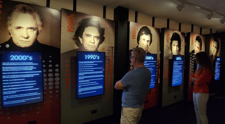 Exhibit panels in the Johnny Cash Museum highlight six decades of a career in country music.