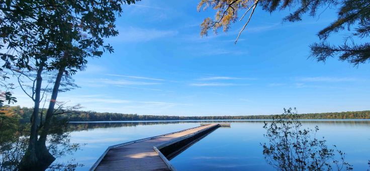 Long wooden fishing pier extending from land into a blue lake surrounded by fall foliage.
